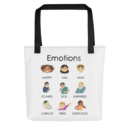 Emotions Tote Bag including happy, sad, mad, scared, sick, surprised, curious, tired and suspicious